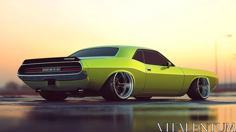 Lime green muscle car rests on wet asphalt at sunset