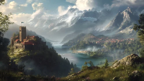 Medieval lakeside fortress with distant town and mountains.