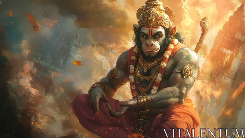 Divine monkey warrior sits amid burning temple ruins