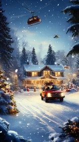 Snow-covered suburban house with car and cable gondolas.