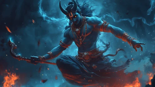 Fiery horned warrior dancing through swirling blue flames.