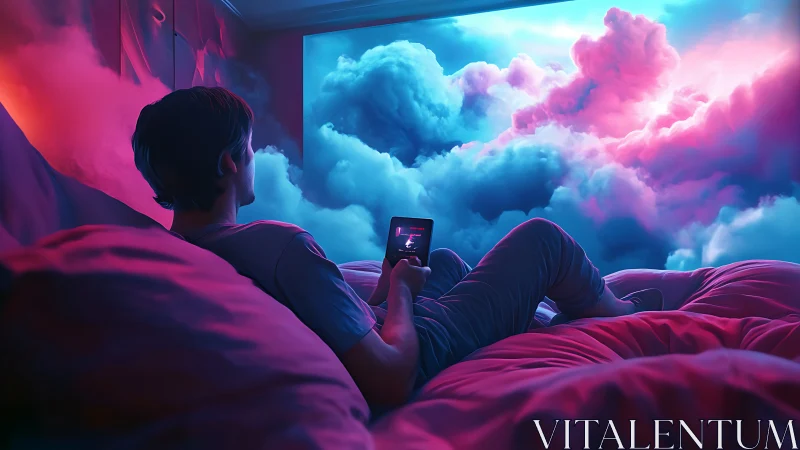 Dreamlike bedroom scene with neon-tinted cinematic clouds.