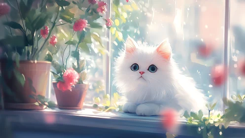 A Fluffy White Kitten's Peaceful Moment Among Blooming Flowers.