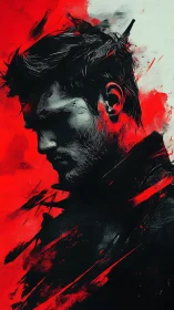 Brooding male silhouette dissolves into red and black paint.