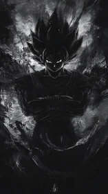 Dark anime warrior emerges from swirling cosmic shadows.