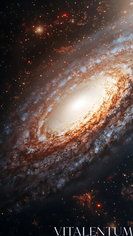 Spiraling barred galaxy with glowing stellar core artwork.