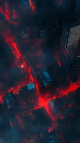 Vertical cityscape shows gridded streets with red luminous lines