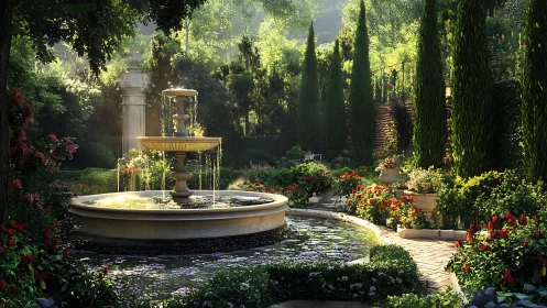 Sunlit garden fountain welcomes quiet moments of calm
