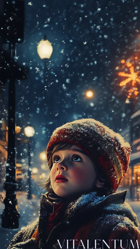 Snowlit wonderkid beneath lanterns and quiet city glow.