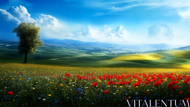 Wildflower meadow under luminous rolling hills sky.