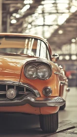 Front detail of vintage yellow car in indoor setting.