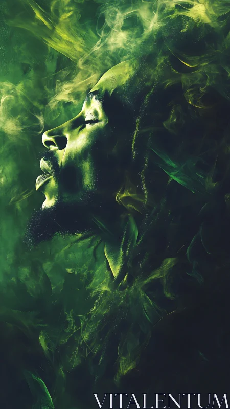 Dreamy green portrait drifting in swirling cosmic smoke.