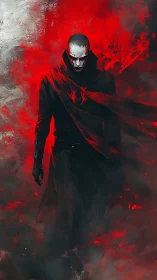 Dark figure in red smoke with stark white painted face.