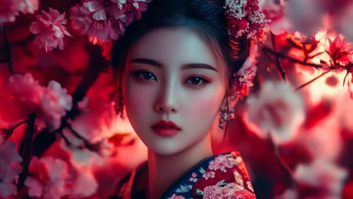 Gentle gaze among glowing cherry blossoms in soft bloom.