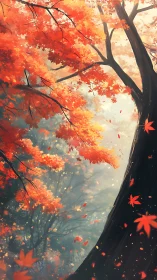 Golden autumn canopy glows softly above a misty forest