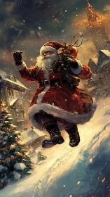 Santa races down snowy village hill with glowing gifts