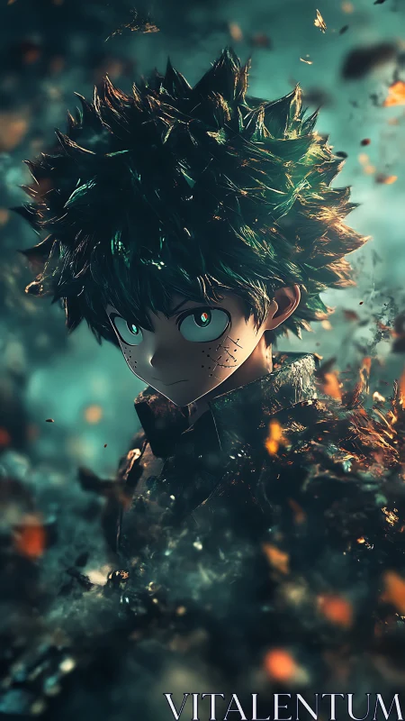 Volumetric anime hero in turbulent particle eruption field.