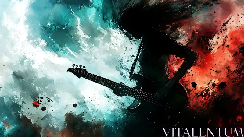 Silhouette guitarist ignites teal and crimson paint storm.