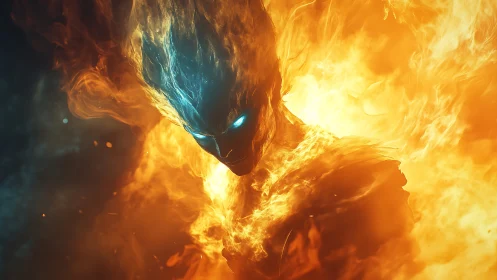 Digital painting of fiery elemental figure with blue core visage.