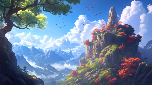 Skybound autumn spire above dream-drenched mountain seas.