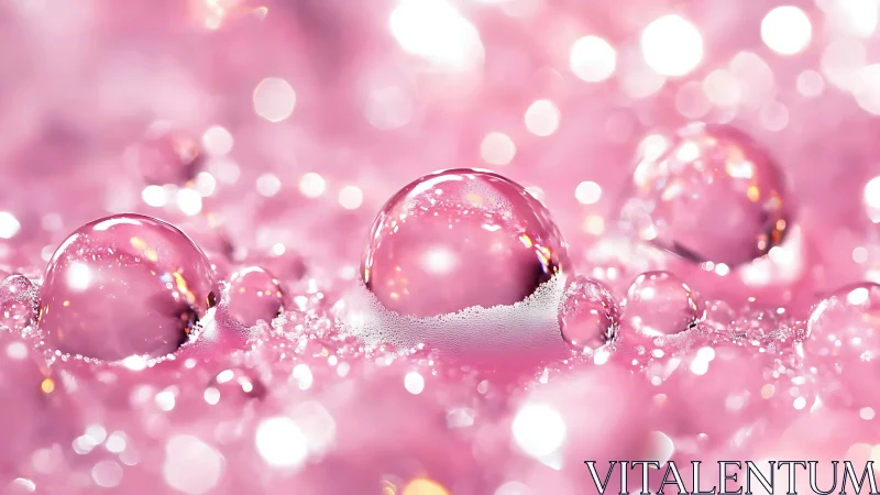 Macro photoreal droplets on crystalline pink bokeh field.