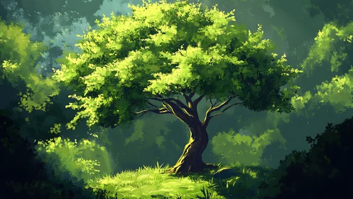 Lush Green Tree in Sunlit Forest, Digital Art Illustration.