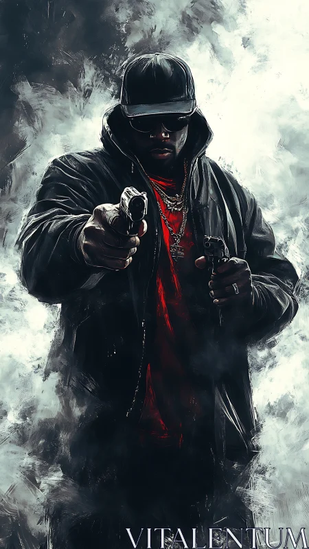 Hooded figure with dual handguns in smoky digital artwork.