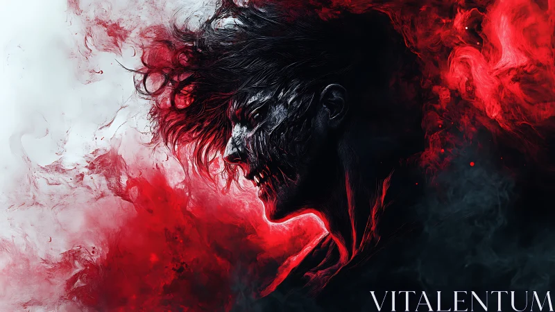 Tormented demonic profile erupts from swirling red smoke