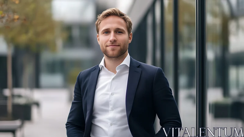 Confident young professional steadies calm amidst city glass glow