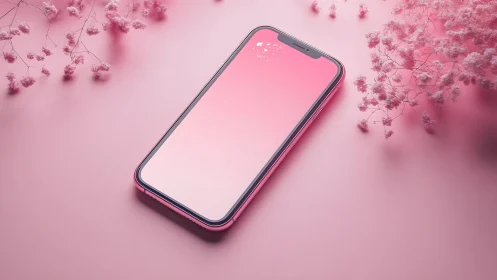 Modern smartphone on pink surface with delicate floral accents.