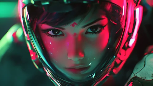 Neon-lit cyber pilot portrait under reflective visor gaze.