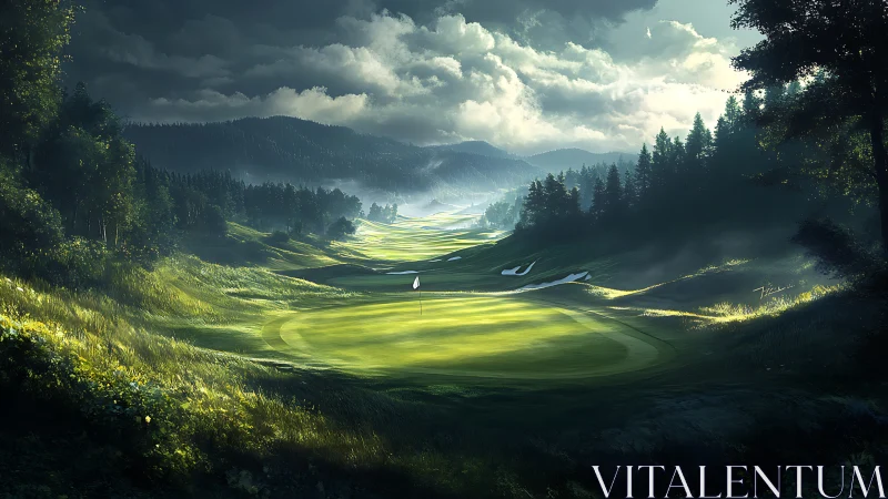 Sunlit golf green in misty conifer valley under storm-lit clouds