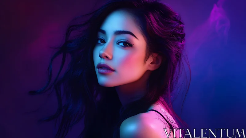 Digital portrait in neon-duotone beauty lighting profile study.