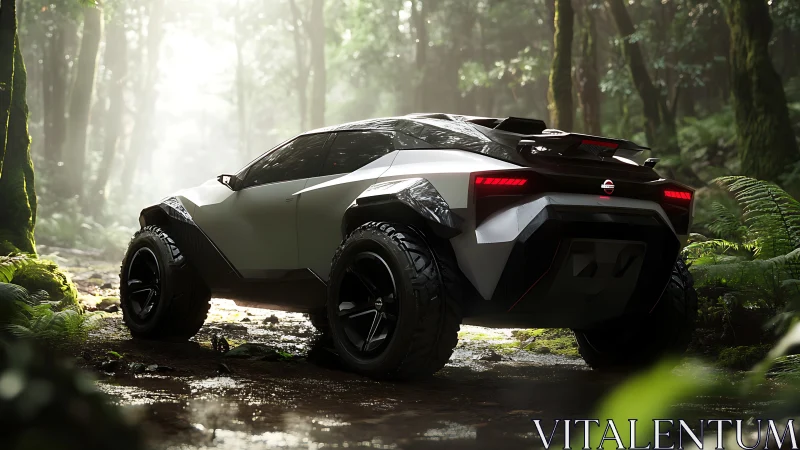 Futuristic off road SUV concept glows softly in a lush forest
