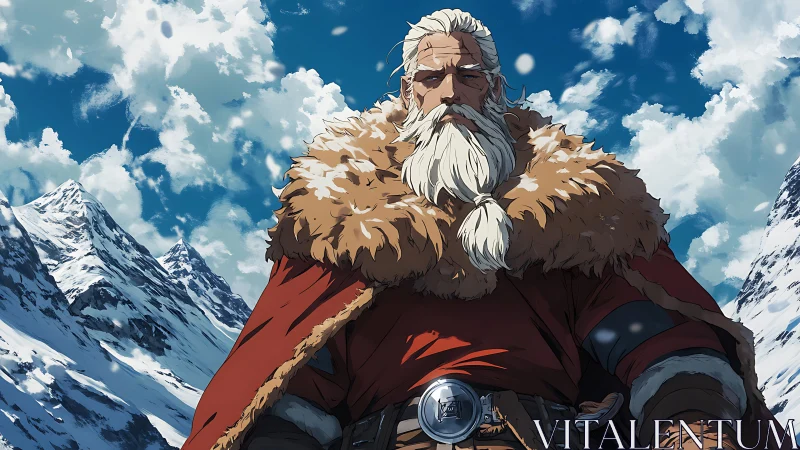 Mountain warlord stands armored against high winter sky.