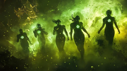 Five luminous armored figures emerge through volatile green plasma