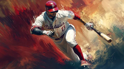 Baseball slugger charges through abstract color storm.