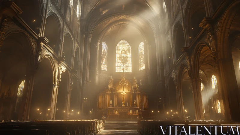 Golden light drifting through a tranquil cathedral interior.
