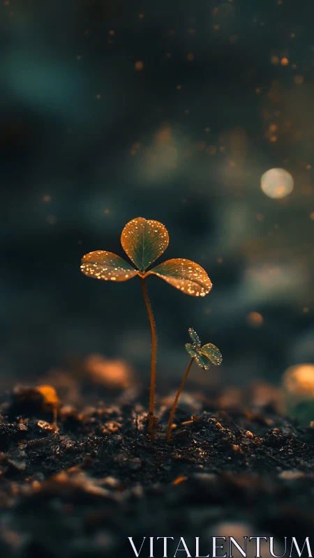 Dewlit clover siblings rising through dusk-tinted soil.