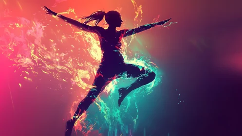 Luminous leap of color: dancer bursting through neon light.