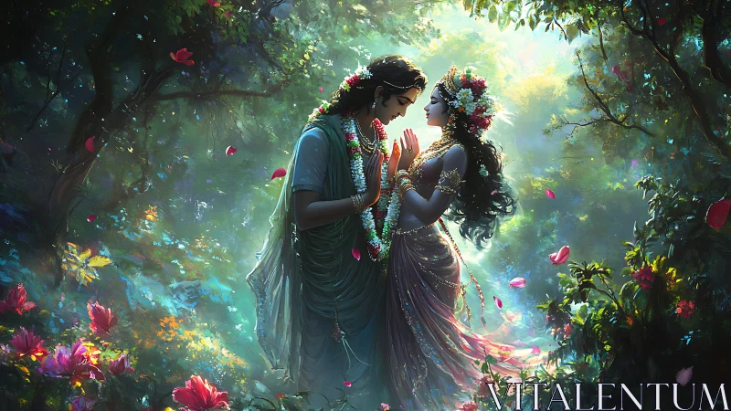 Stylized figures in elaborate botanical garden setting with atmospheric lighting