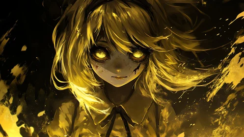 Girl with luminous eyes in high contrast yellow light.