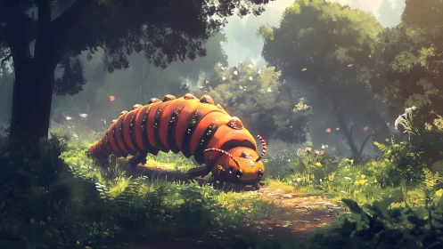 Gentle giant caterpillar wandering through a sunlit forest path.