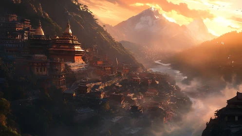 Sunlit mountain kingdom wrapped in mist and quiet wonder.