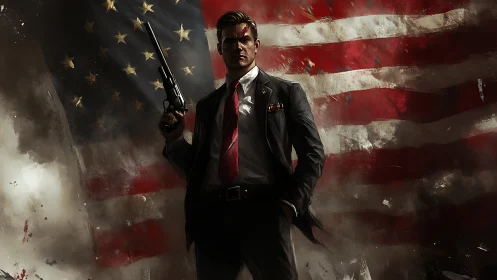 Armed statesman silhouette before distressed American banner.