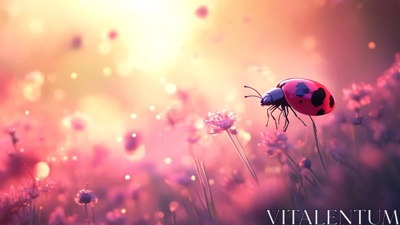 Ladybug rests on glowing wildflowers at golden sunset.