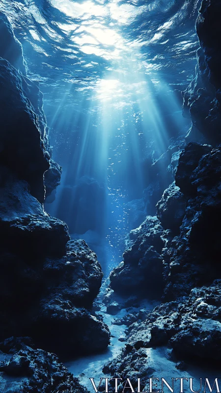 Sunlit underwater canyon filled with peaceful blue wonder.