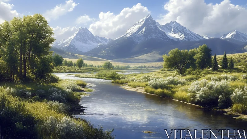 Fluvial valley with alpine snow peaks under high dynamic sky.