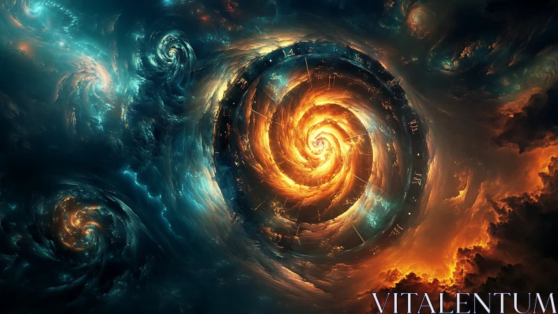 Celestial time vortex swirls through fiery and cosmic clouds