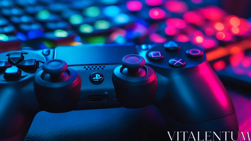Gaming controller under dual-color RGB bokeh lighting with shallow focus